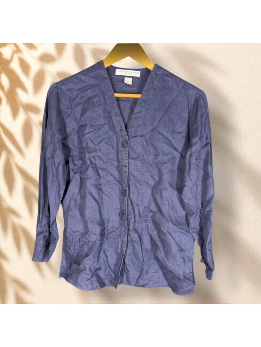 Josephine Chaus Shirt Women PS Petite Blue Button Up V-Neck Long Sleeve Casual
